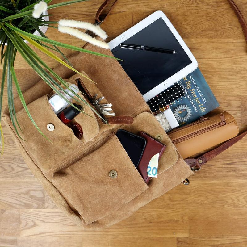 Leconi Schultertasche Umhängetasche Ledertasche Veloursleder Cognac LE0039