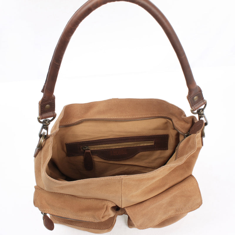 Leconi Schultertasche Umhängetasche Ledertasche Veloursleder Cognac LE0039