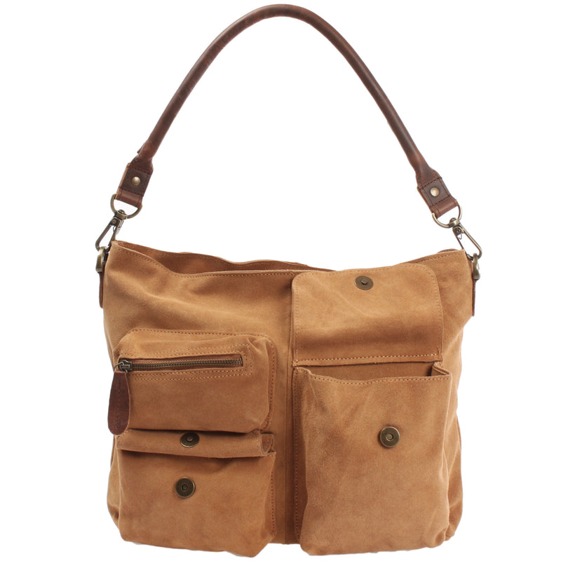 Leconi Schultertasche Umhängetasche Ledertasche Veloursleder Cognac LE0039