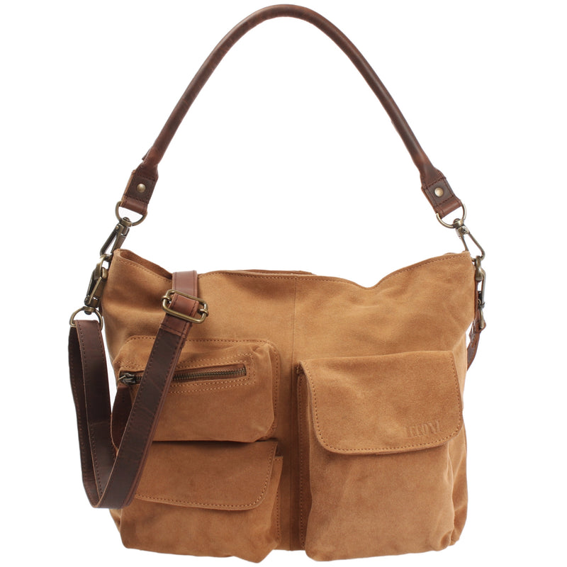 Leconi Schultertasche Umhängetasche Ledertasche Veloursleder cognac LE0039
