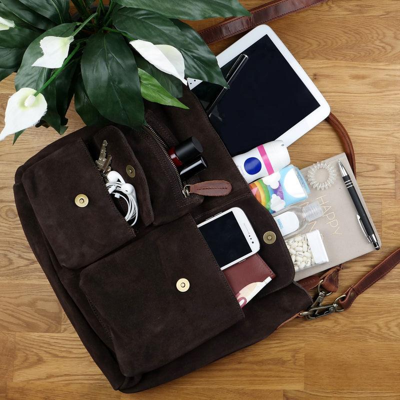 Leconi Schultertasche Umhängetasche Ledertasche Veloursleder Dunkelbraun LE0039