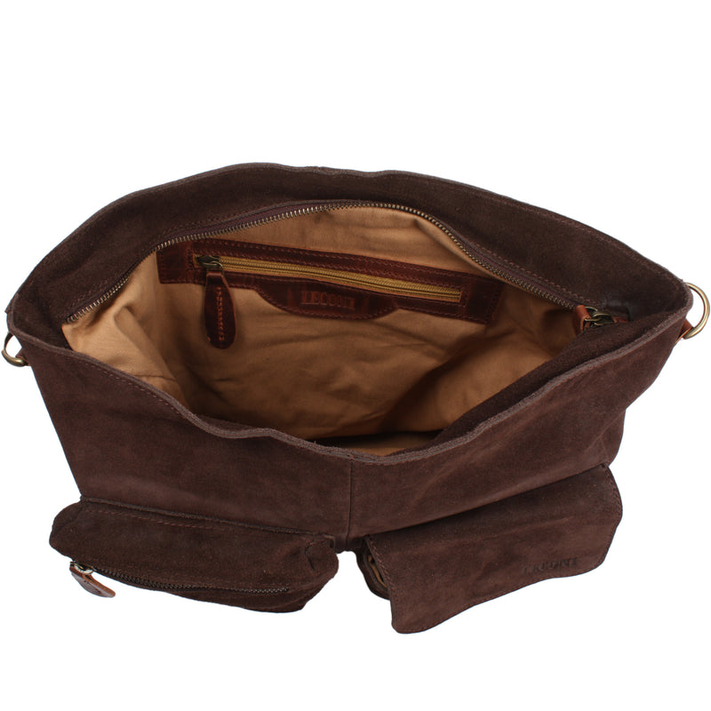 Leconi Schultertasche Umhängetasche Ledertasche Veloursleder Dunkelbraun LE0039