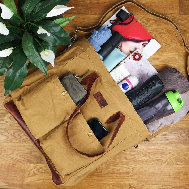 Leconi Shopper Beuteltasche Damentasche Canvas Leder Cognac LE0040