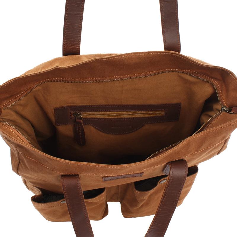 Leconi Shopper Beuteltasche Damentasche Canvas Leder Cognac LE0040