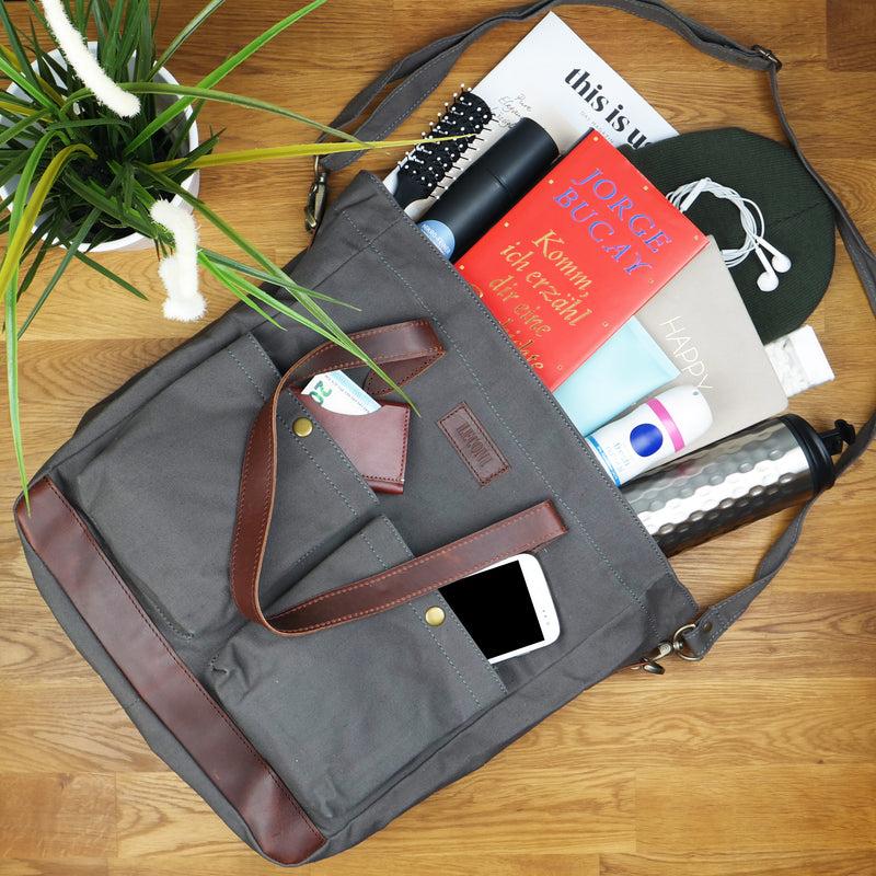 Leconi Shopper Beuteltasche Damentasche Canvas Leder Grau LE0040