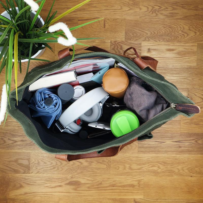 Leconi Shopper Beuteltasche Damentasche Canvas Leder Grün LE0040