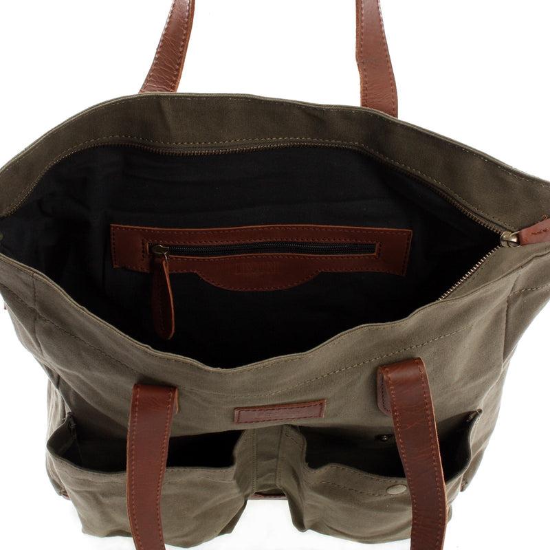 Leconi Shopper Beuteltasche Damentasche Canvas Leder Grün LE0040