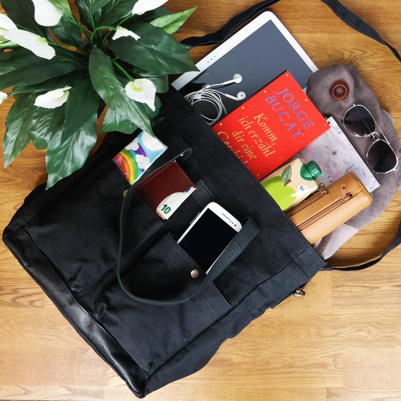 Leconi Shopper Beuteltasche Damentasche Canvas Leder Schwarz LE0040