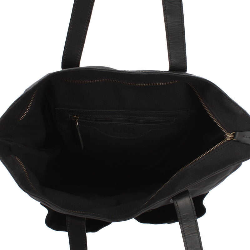 Leconi Shopper Beuteltasche Damentasche Canvas Leder Schwarz LE0040