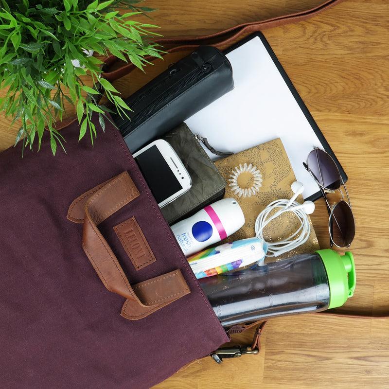 Leconi Shopper Henkeltasche Damen Canvas Leder Bordeaux LE0037