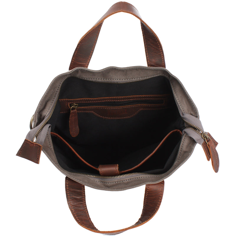 Leconi Shopper Henkeltasche Damen Canvas Leder Braun Grau LE0037