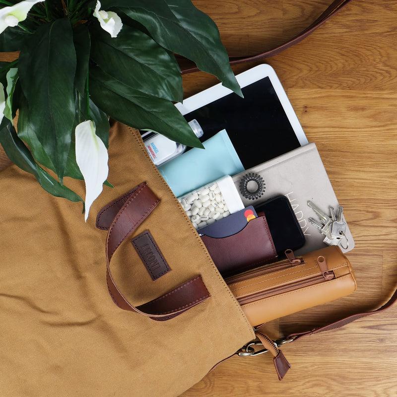 Leconi Shopper Henkeltasche Damen Canvas Leder Cognac LE0037