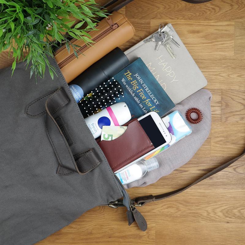 Leconi Shopper Henkeltasche Damen Canvas Leder Grau LE0037