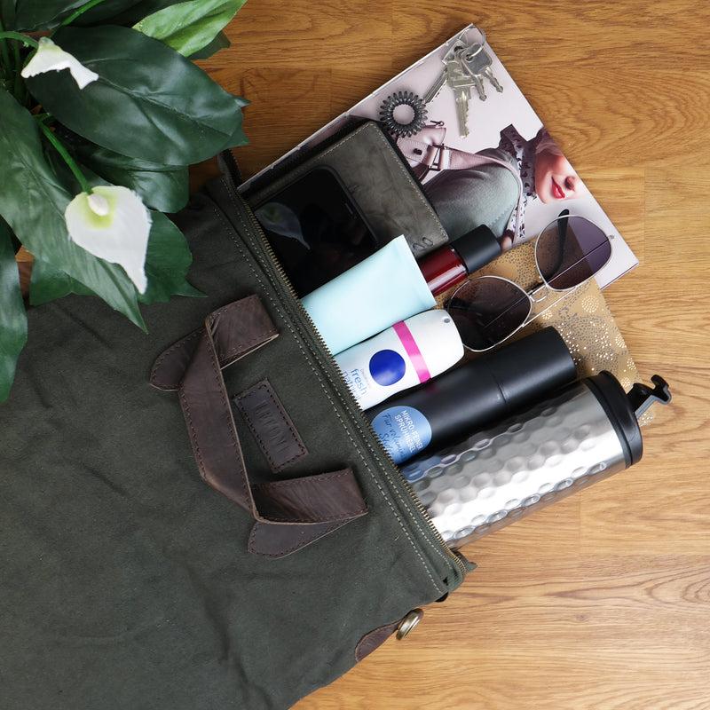 Leconi Shopper Henkeltasche Damen Canvas Leder Grün LE0037