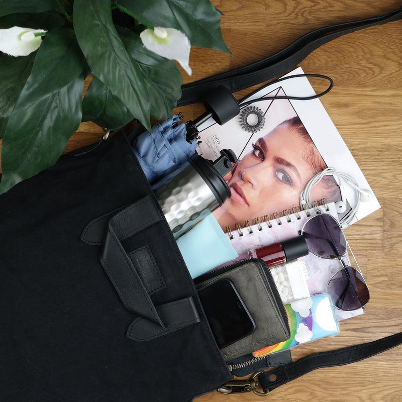 Leconi Shopper Henkeltasche Damen Canvas Leder Schwarz LE0037