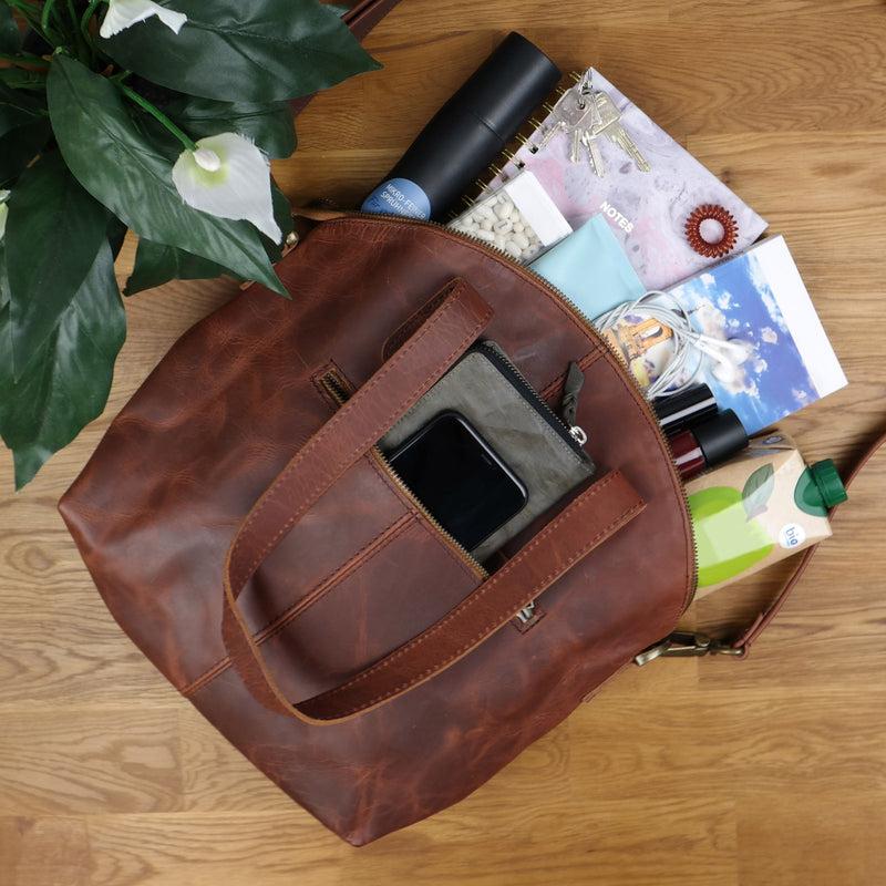 Leconi Shopper Schultertasche Damen Handtasche Ledertasche Henkeltasche Leder Braun LE0060