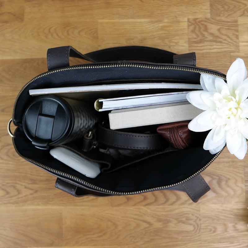 Leconi Shopper Schultertasche Damen Handtasche Ledertasche Henkeltasche Leder Dunkelbraun LE0060