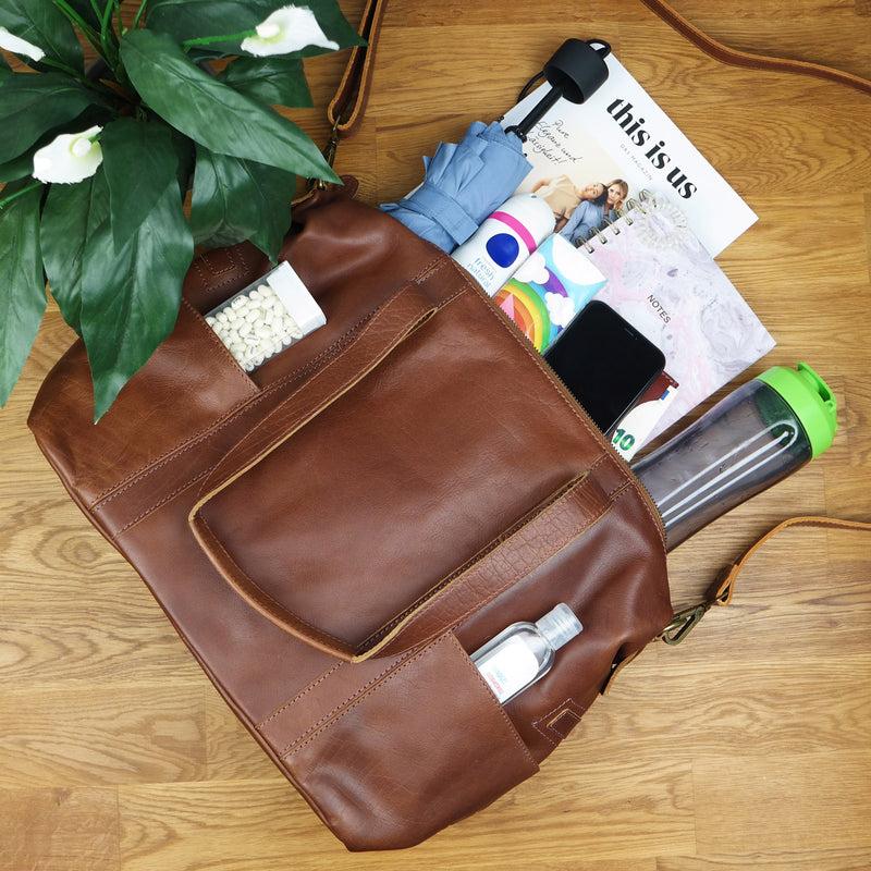 Leconi Shopper Schultertasche Henkeltasche Damen Handtasche Leder Braun LE0061