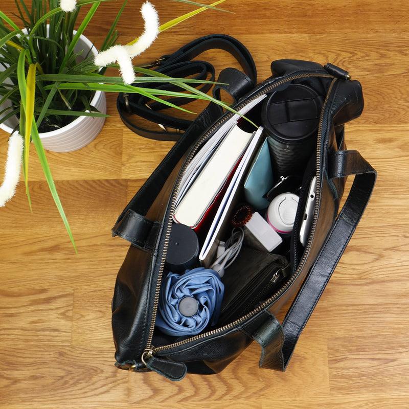 Leconi Shopper Schultertasche Henkeltasche Damen Handtasche Leder Schwarz LE0061