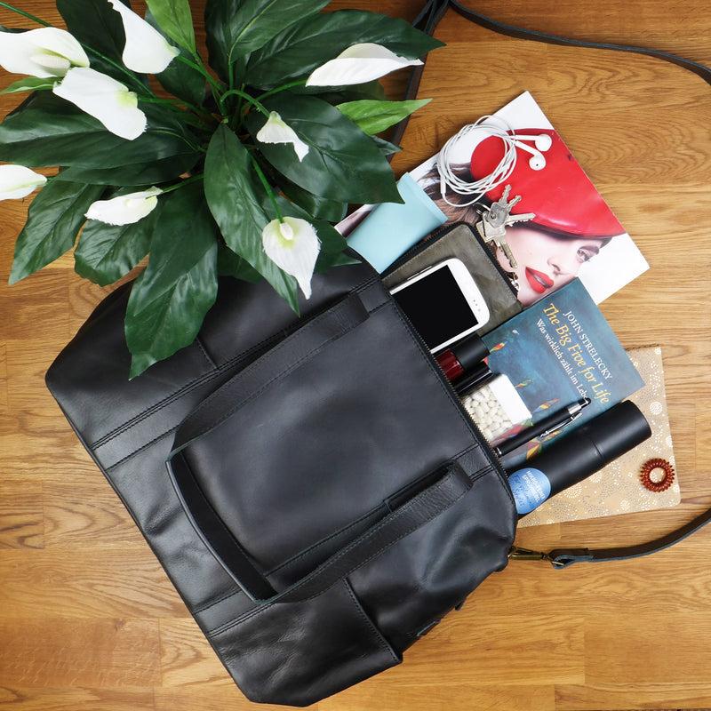 Leconi Shopper Schultertasche Henkeltasche Damen Handtasche Leder Dunkelgrau LE0061