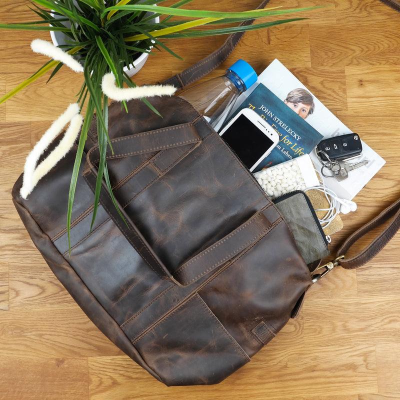 Leconi Shopper Schultertasche Henkeltasche Leder Schlamm LE0034