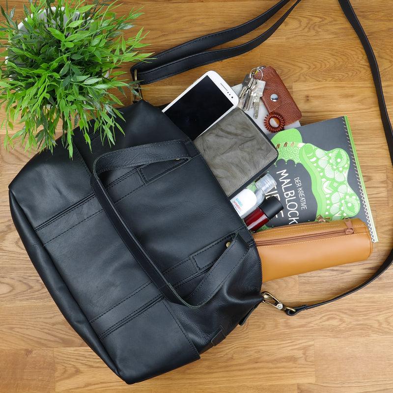 Leconi Shopper Schultertasche Henkeltasche Leder Schwarz LE0034