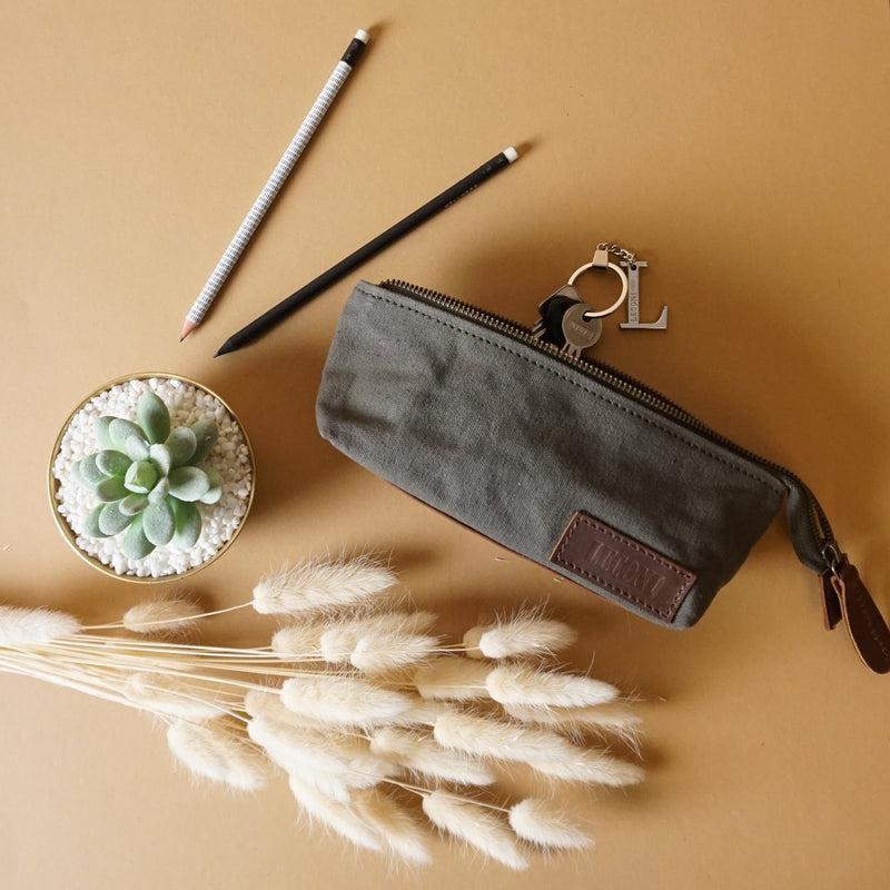 Leconi Stiftemappe Federtasche Stifteetui Federmappe Damen Herren Canvas Leder Grün LE9026