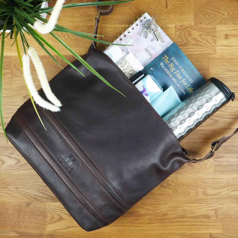 Leconi Umhängetasche Beuteltasche Ledertasche Damentasche Leder Dunkelbraun LE0064