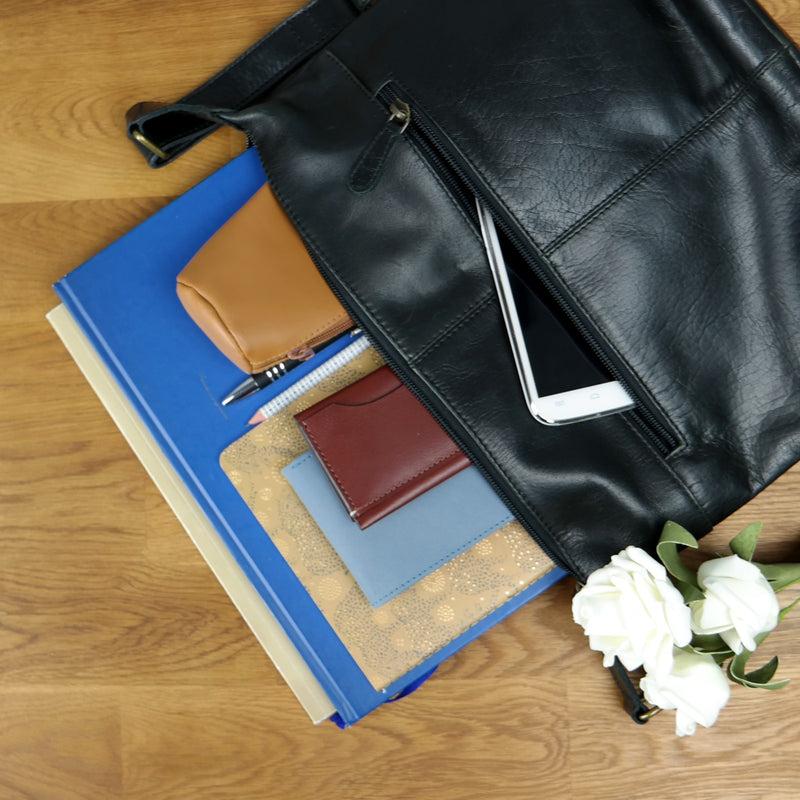 Leconi Umhängetasche Beuteltasche Ledertasche Damentasche Leder Schwarz LE0064