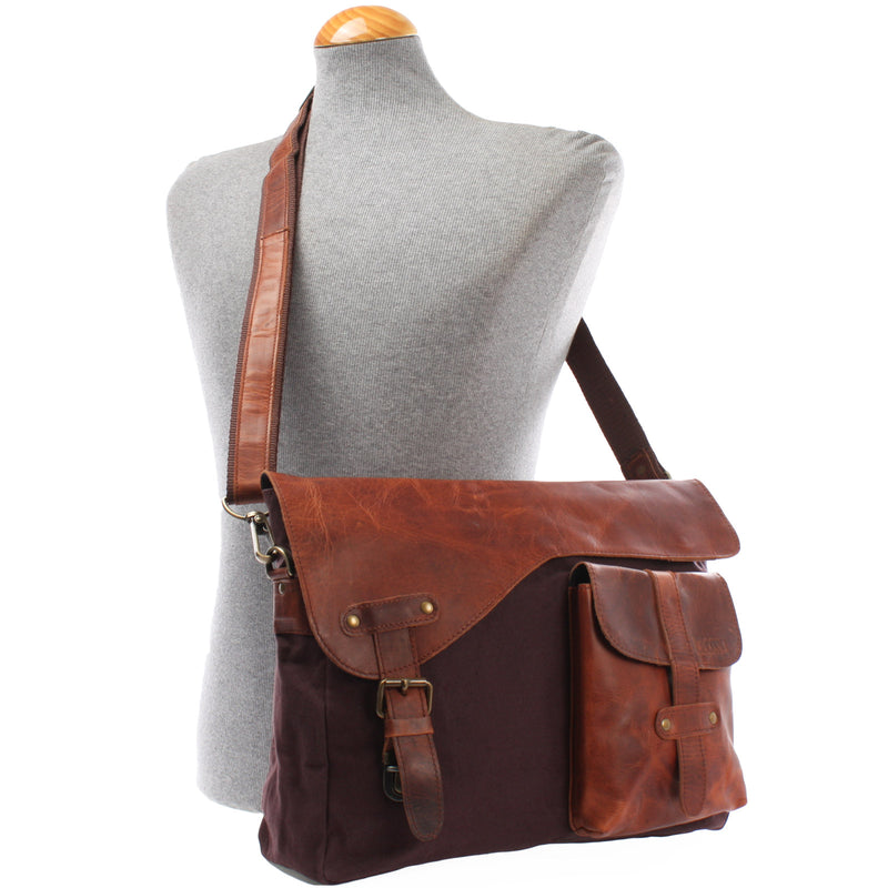 Leconi Umhängetasche Collegetasche DIN A4 Leder Canvas Mokka LE3032