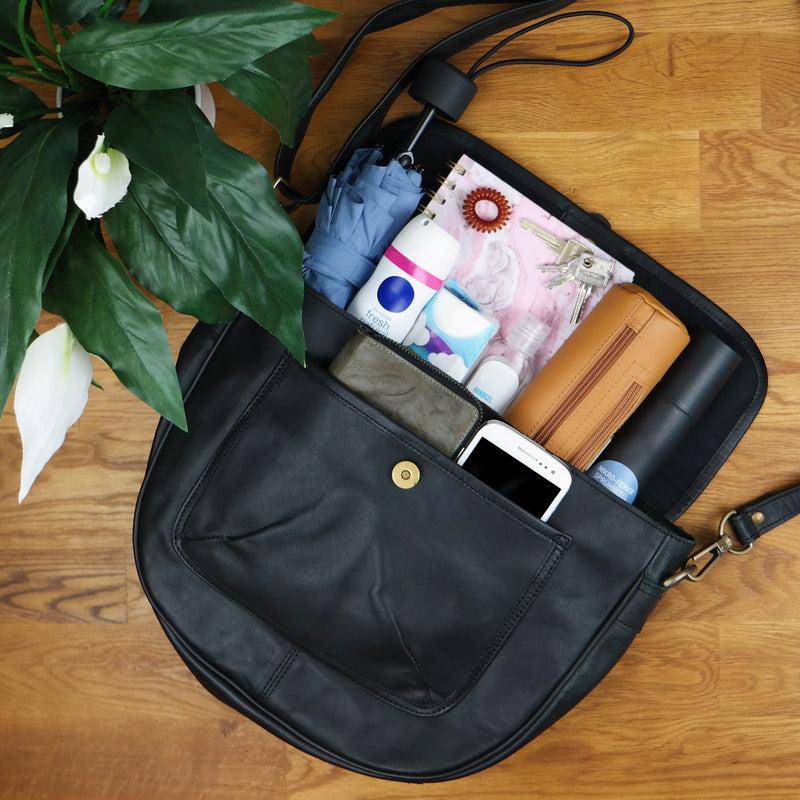 Leconi Umhängetasche Damen Schultertasche Damentasche Handtasche Leder Schwarz LE3053