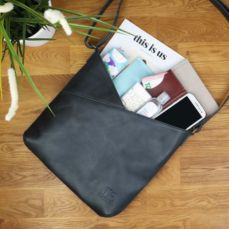 Leconi Umhängetasche Damentasche Handtasche Leder Dunkelgrau LE0065