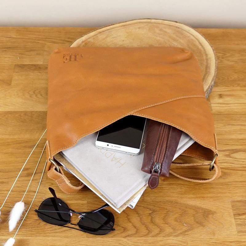 Leconi Umhängetasche Damentasche Schultertasche Leder Cognac LE0065