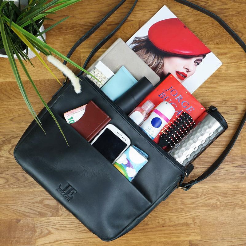 Leconi Umhängetasche Ledertasche Damen Herren Schultertasche Leder Dunkelgrau LE0067