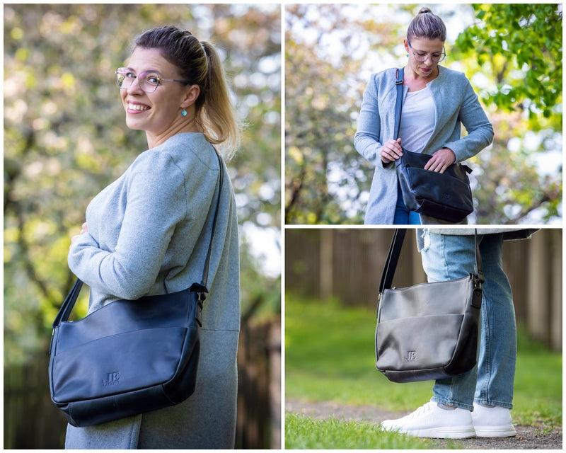 Leconi Umhängetasche Ledertasche Damen Herren Schultertasche Leder Dunkelgrau LE0067