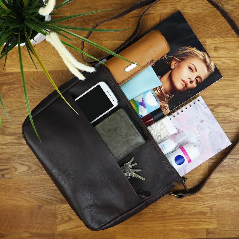 Leconi Umhängetasche Ledertasche Damen Herren Schultertasche Leder Dunkelbraun LE0067