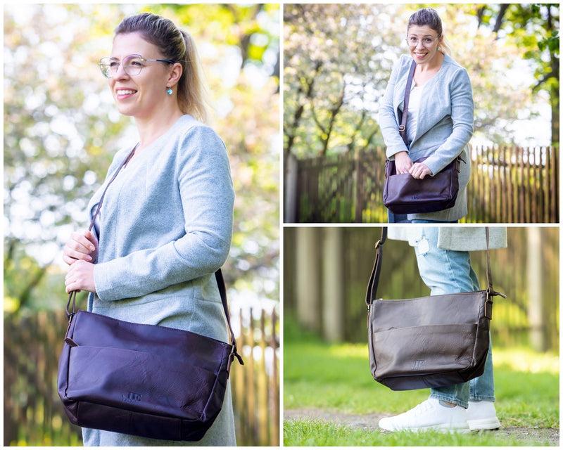 Leconi Umhängetasche Ledertasche Damen Herren Schultertasche Leder Dunkelbraun LE0067