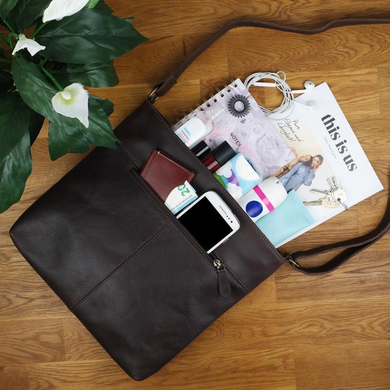 Leconi Umhängetasche Ledertasche Damen Schultertasche Leder Dunkelbraun LE0066