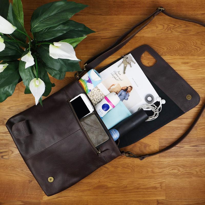 Leconi Umhängetasche Ledertasche Damen Schultertasche Leder Dunkelbraun LE3073