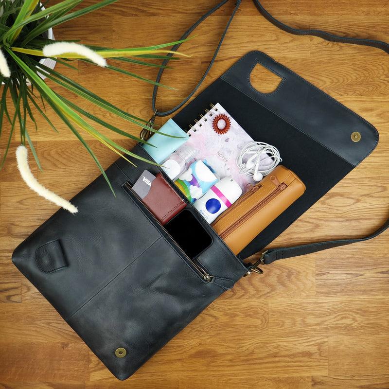 Leconi Umhängetasche Ledertasche Damen Schultertasche Leder Dunkelgrau LE3073