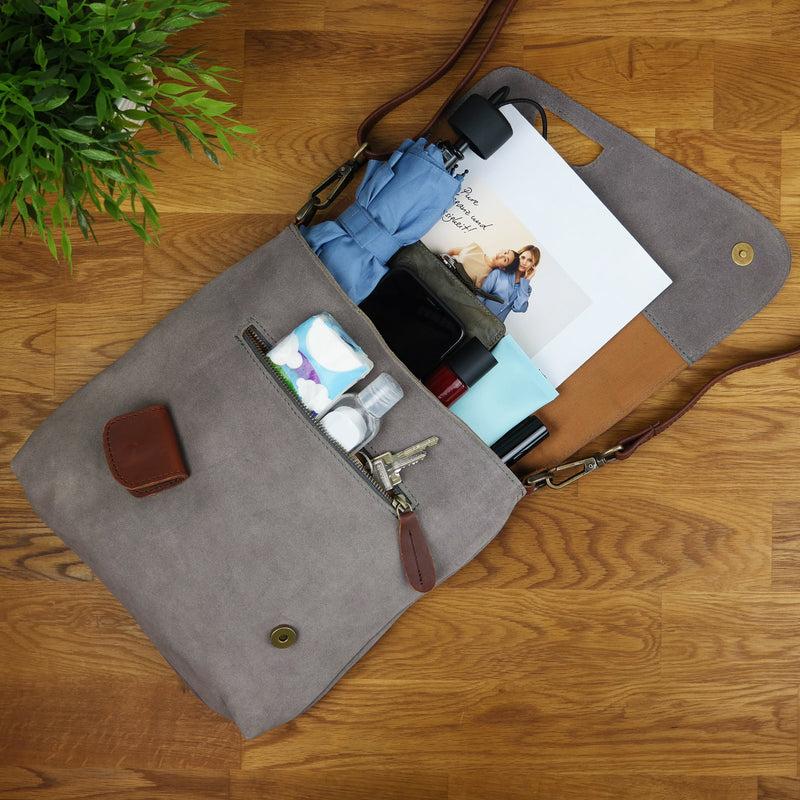 Leconi Umhängetasche Ledertasche Damen Schultertasche Wildleder Grau LE3027