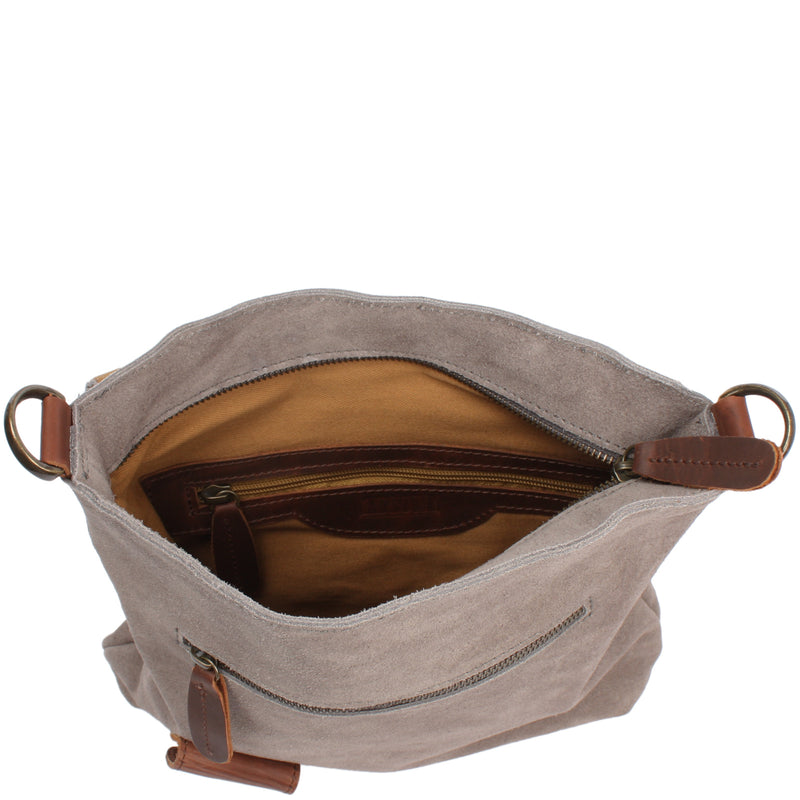 Leconi Umhängetasche Ledertasche Damen Schultertasche Wildleder Grau LE3027