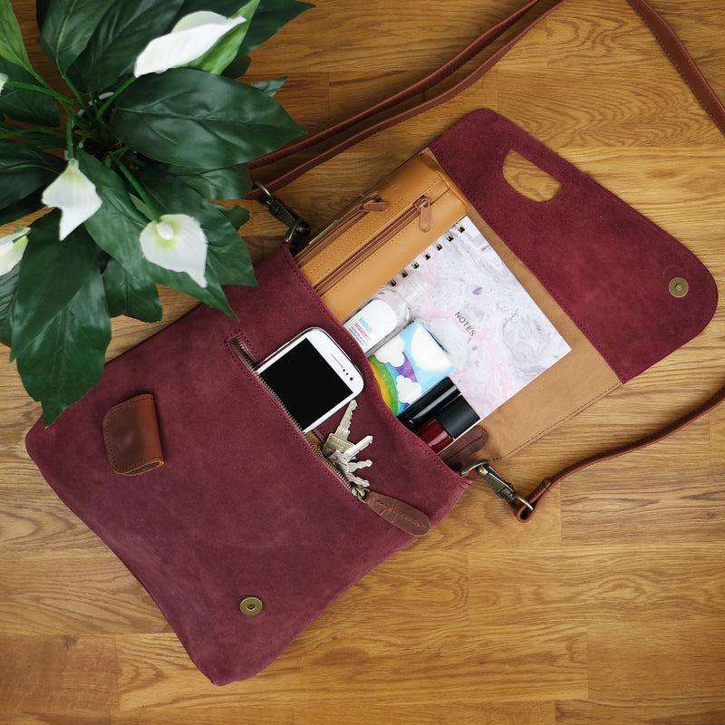 Leconi Umhängetasche Ledertasche Damen Schultertasche Wildleder Bordeaux LE3027