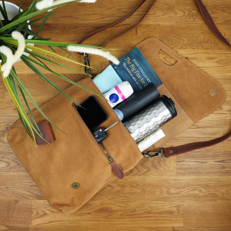 Leconi Umhängetasche Ledertasche Damen Schultertasche Wildleder Cognac LE3027