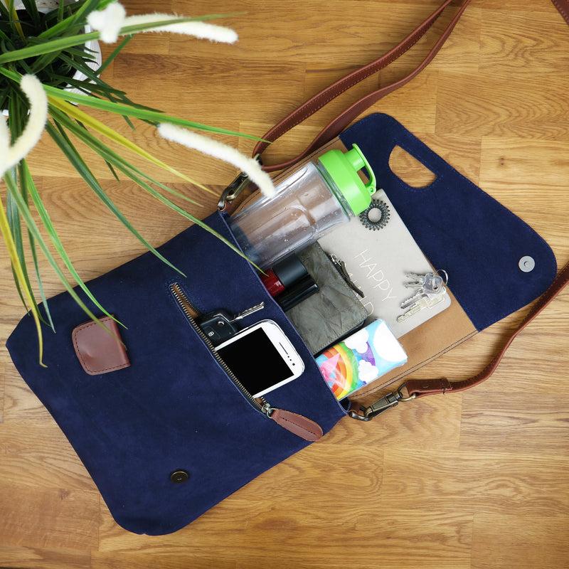 Leconi Umhängetasche Ledertasche Damen Schultertasche Wildleder Navy LE3027