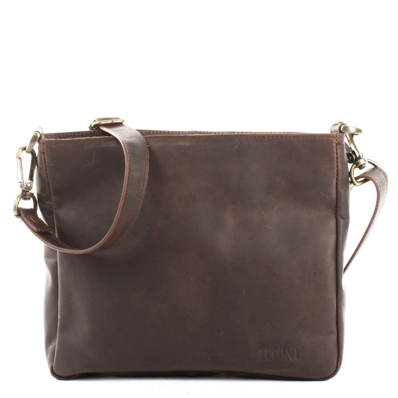 Leconi Umhängetasche Ledertasche Schultertasche Freizeittasche Leder dunkelbraun LE3058