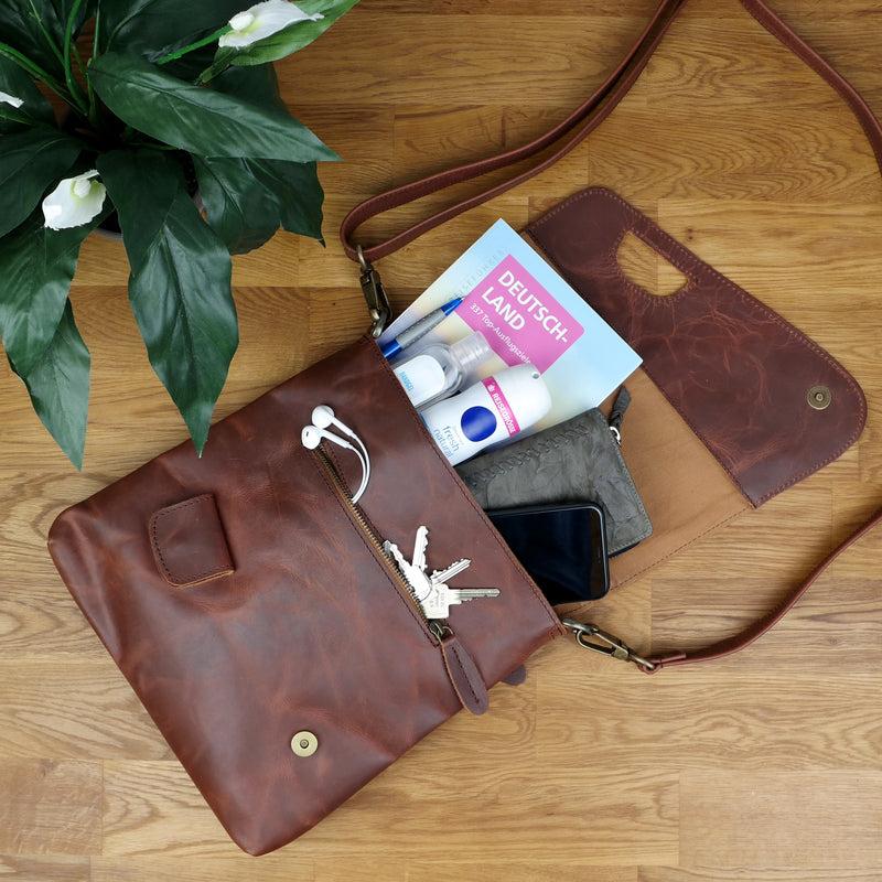 Leconi Umhängetasche Ledertasche Schultertasche Leder Braun LE3027