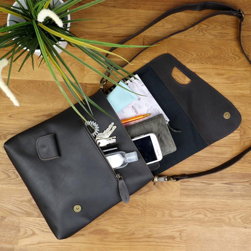 Leconi Umhängetasche Ledertasche Schultertasche Leder Dunkelbraun LE3027