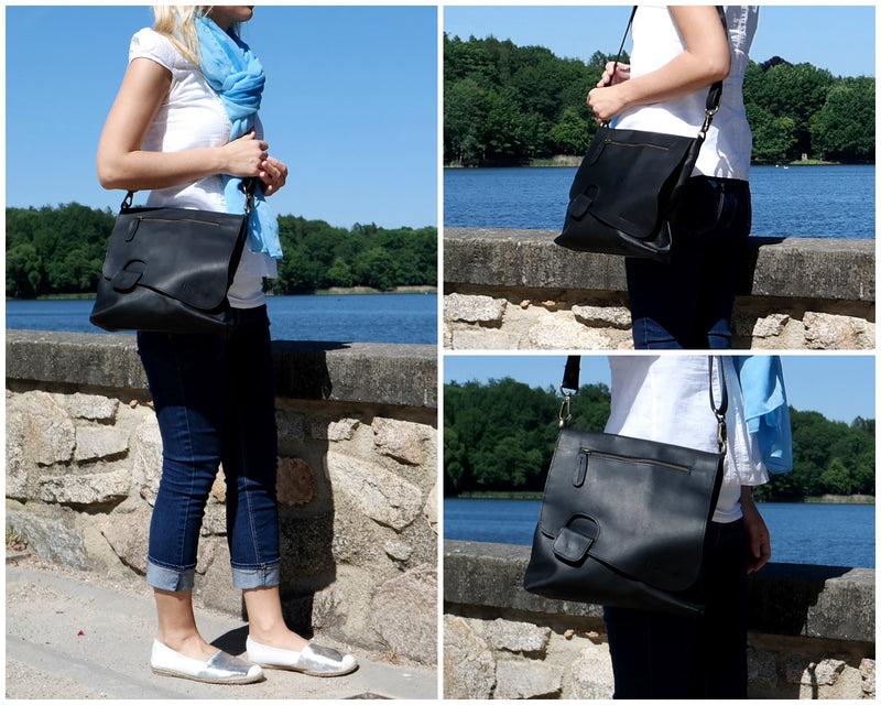 Leconi Umhängetasche Ledertasche Schultertasche Leder Schwarz LE3027