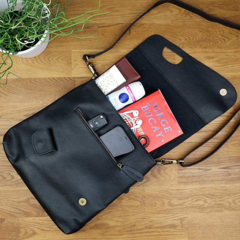 Leconi Umhängetasche Ledertasche Schultertasche Leder Schwarz LE3027